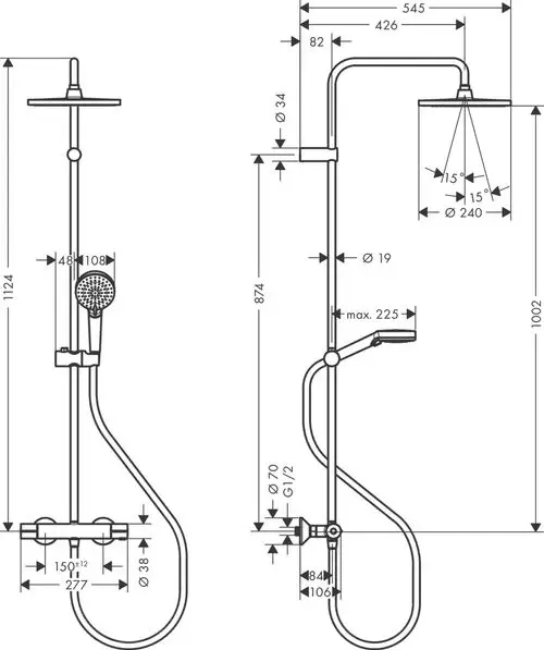 Helles Badezimmer mit Hansgrohe Dusche, bestehend aus einer Regenbrause und einem Handbrausekopf, montiert an einer thermoregulierenden Duschsäule.